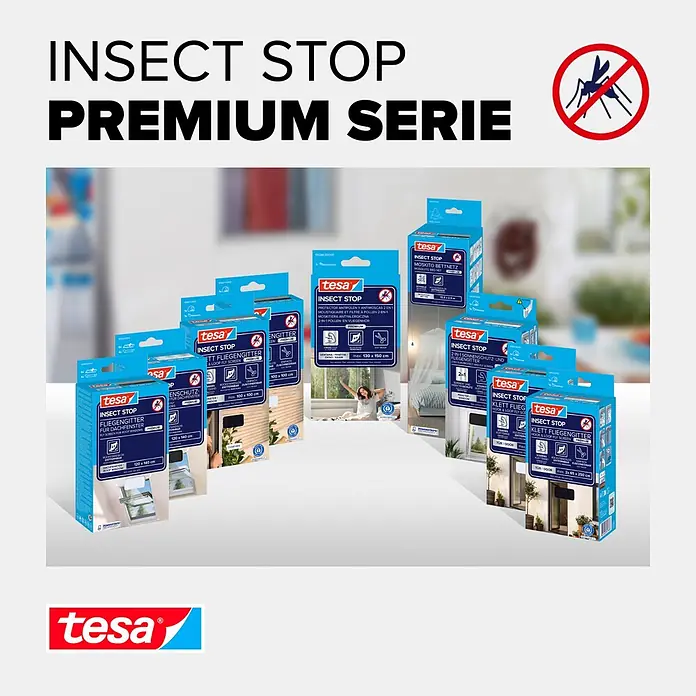 Tesa Insect Stop Pollenschutzgitter Pollen Protection - B x H: 130 x 150 cm, Montage Insektengitter: Ankletten - tesa Insect Stop Premium Serie Produktausstellung mit verschiedenen Insektenschutzlösungen in blauer Verpackung.