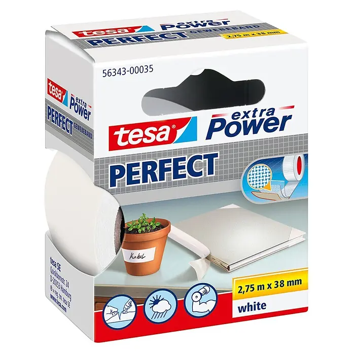 Tesa Extra Power Gewebeband PERFECT - Weiß, 2,75 m x 38 mm - Diagonale Ansicht