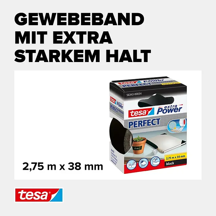 Tesa Extra Power Gewebeband PERFECT - Schwarz, 2,75 m x 38 mm - Informationsansicht