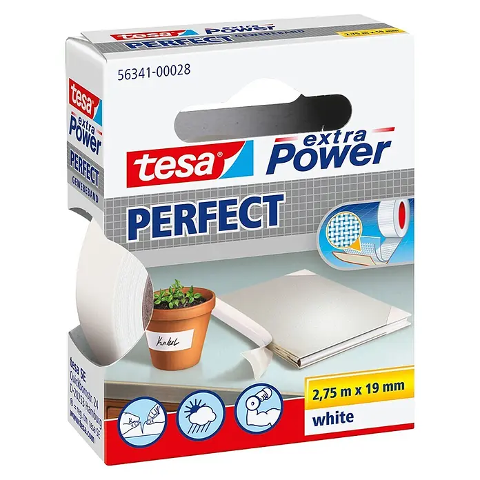 Tesa Extra Power Gewebeband PERFECT - Weiß, 2,75 m x 19 mm - Diagonale Ansicht