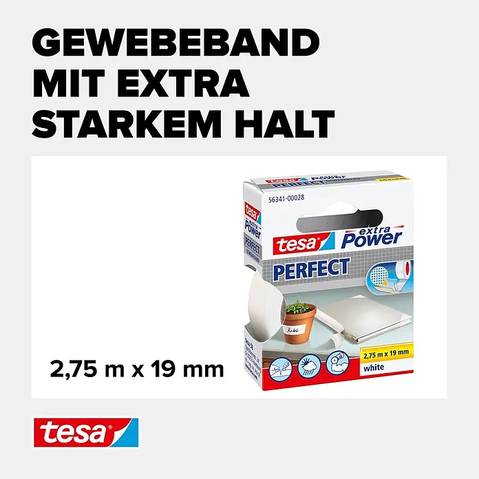Tesa Extra Power Gewebeband PERFECT - Weiß, 2,75 m x 19 mm - Informationsansicht