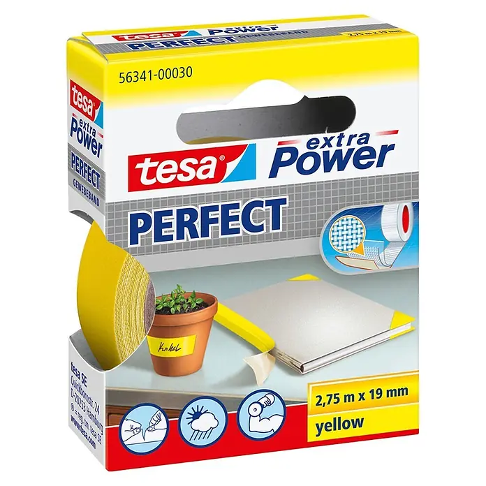 Tesa Extra Power Gewebeband PERFECT - Gelb, 2,75 m x 19 mm - Diagonale Ansicht