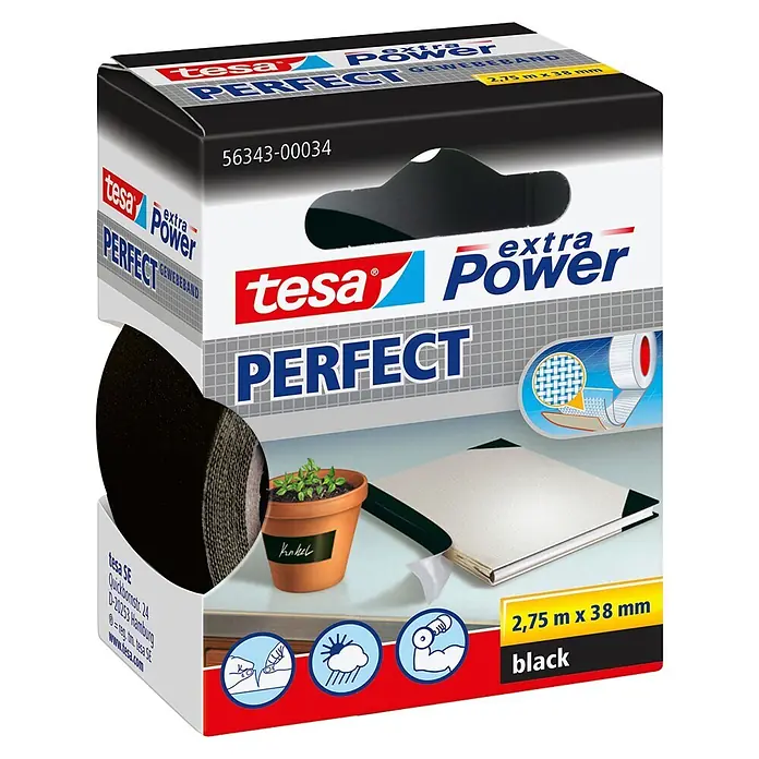 Tesa Extra Power Gewebeband PERFECT - Schwarz, 2,75 m x 38 mm - Diagonale Ansicht