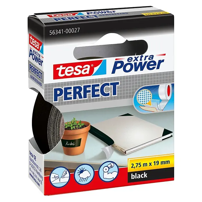 Tesa Extra Power Gewebeband PERFECT - Schwarz, 2,75 m x 19 mm - Diagonale Ansicht