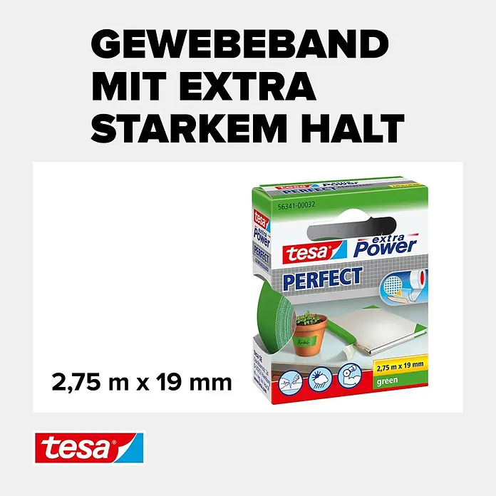 Tesa Extra Power Gewebeband PERFECT - Grün, 2,75 m x 19 mm - Informationsansicht