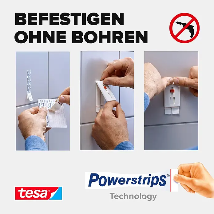 Tesa Verstellbarer Klebenagel - Geeignet für: Fliesen, Belastbarkeit: 4 kg, 2 Stk., Weiß - Informationsansicht