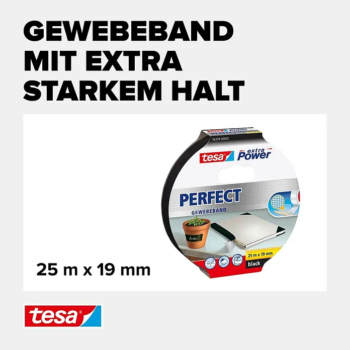 Tesa Extra Power Gewebeband PERFECT - Schwarz, 25 m x 19 mm - Informationsansicht