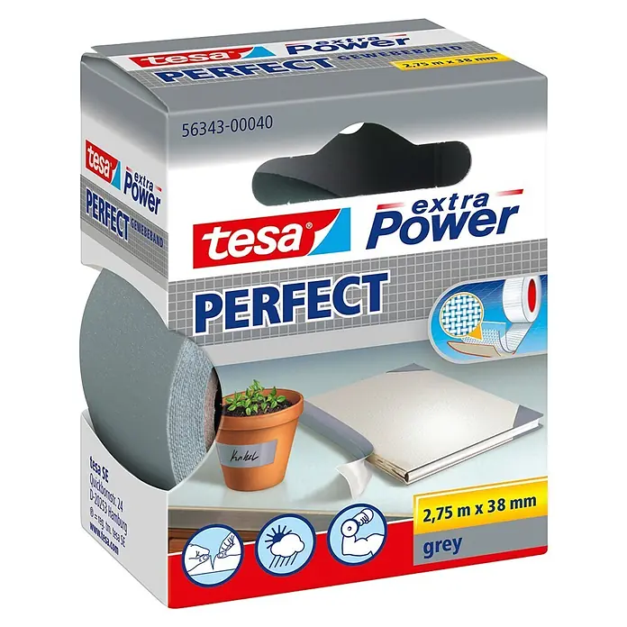 Tesa Extra Power Gewebeband PERFECT - Grau, 2,75 m x 38 mm - Diagonale Ansicht
