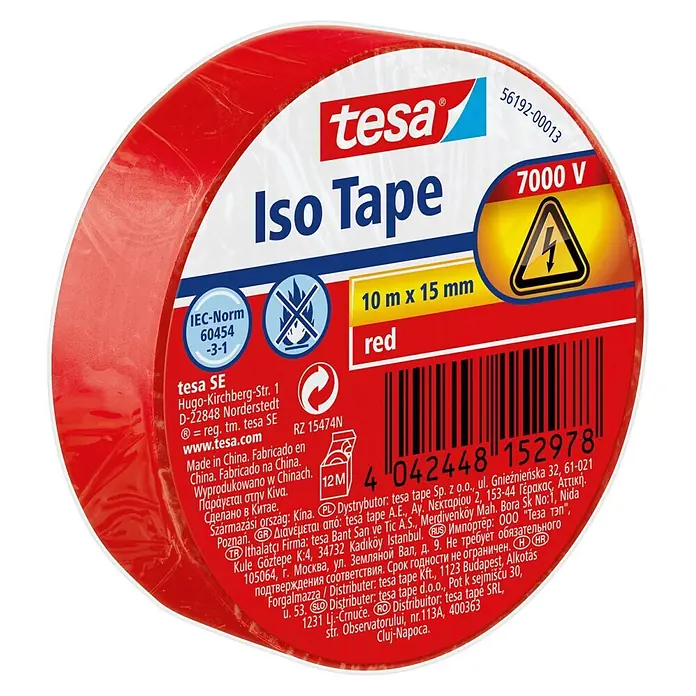 Tesa Isolierband Iso Tape - Rot, 10 m x 15 mm - Diagonale Ansicht