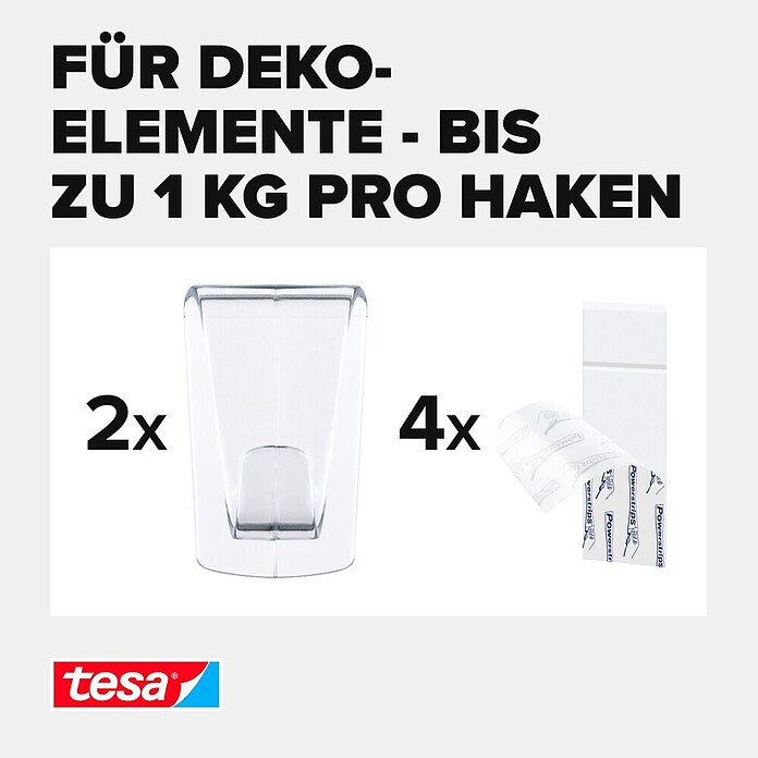 tesa Powerstrips Dekohaken (Selbstklebend, Transparent, Größe: XL, 2 Stk.)