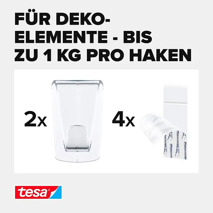 Tesa Powerstrips Klebehaken - Selbstklebend, Transparent, Größe: XL, 2 Stk. - Informationsansicht