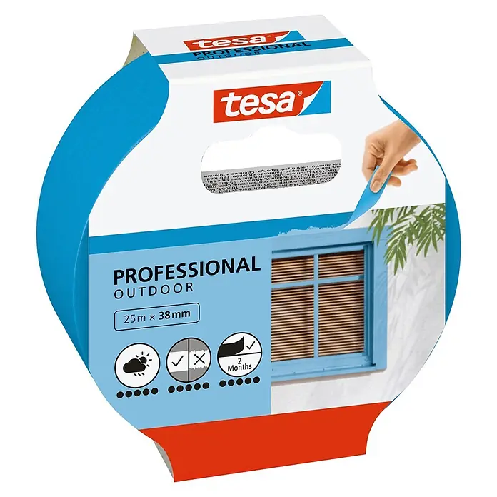 Tesa Malerband Außen - L x B: 25 m x 38 mm - Blaues tesa Professional Outdoor Abdeckband auf Rolle mit Verpackung, zeigt Außenanwendung, 25m x 38mm, wetterbeständig und 2 Monate saubere Entfernung.