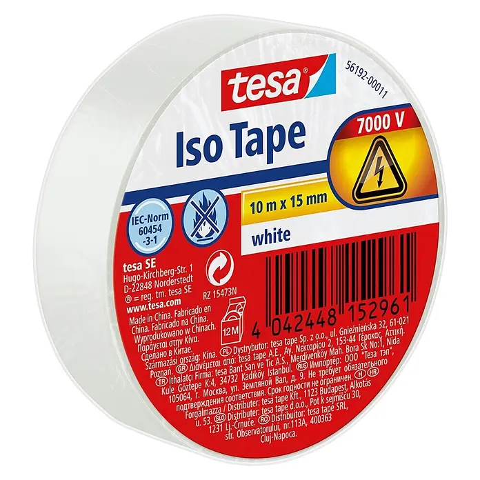 Tesa Isolierband Iso Tape - Weiß, 10 m x 15 mm - Diagonale Ansicht