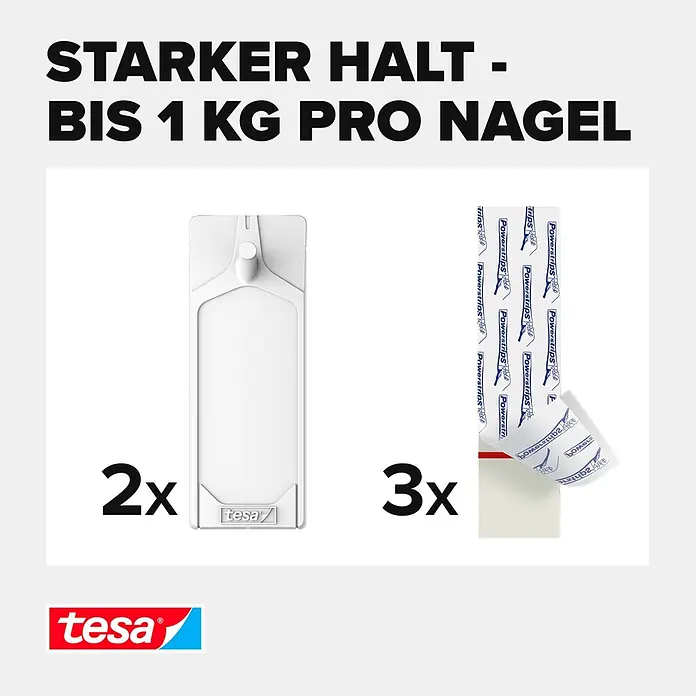 Tesa Klebenagel - Geeignet für: Tapeten, Belastbarkeit: 1 kg, 2 Stk., Weiß - Informationsansicht