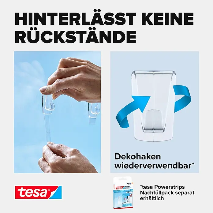 Tesa Klebehaken - Geeignet für: Glas, Belastbarkeit: 1 kg, 2 Stk., Transparent - Informationsansicht
