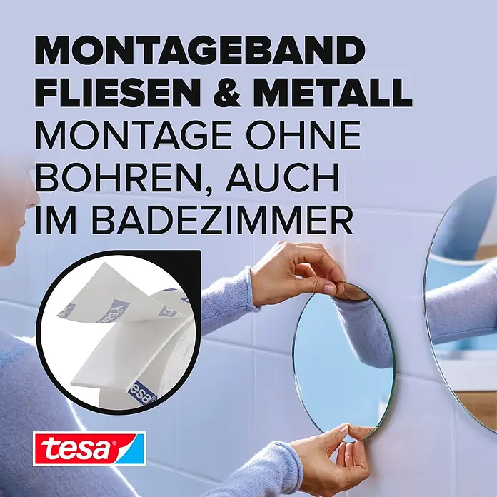 Tesa Montageband - Geeignet für: Fliesen, Feuchtraum, 1,5 m x 19 mm - Informationsansicht