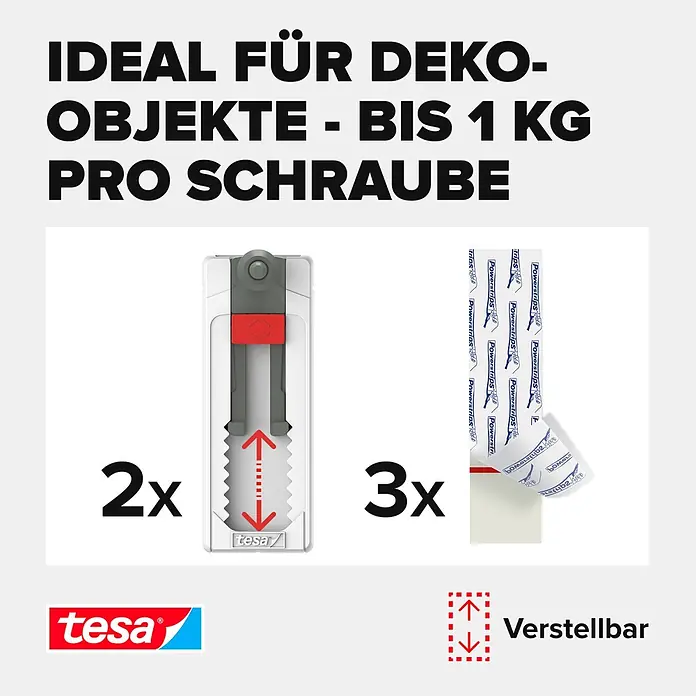 Tesa Verstellbare Klebeschraube - Geeignet für: Tapeten, Belastbarkeit: 1 kg, 2 Stk., Weiß - Informationsansicht