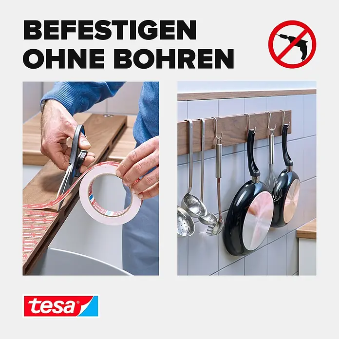 Tesa Montageband - Geeignet für: Fliesen, Belastbarkeit pro m: 100 kg, 1,5 m x 19 mm - Informationsansicht