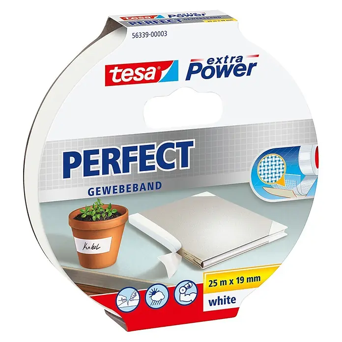 Tesa Extra Power Gewebeband PERFECT - Weiß, 25 m x 19 mm - Diagonale Ansicht