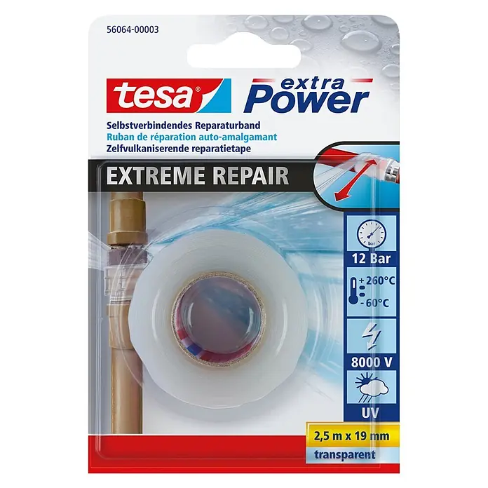 Tesa Extra Power Reparaturband Extreme Repair - 2,5 m x 19 mm, Transparent, Selbstverschweißend - Transparenter Tesa Power Extreme Repair selbstverschweißender Reparaturklebeband in Blisterverpackung. Für Hochleistungs- und Extremreparaturen.