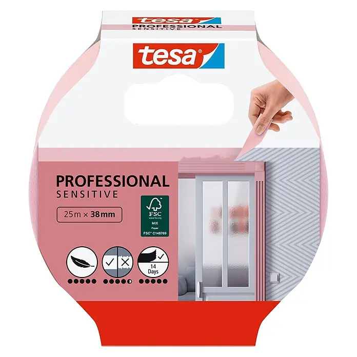 Tesa Malerband Tapeten - 25 m x 38 mm - Rosa Tesa Professional Sensitive Abdeckband, 25m x 38mm, für empfindliche Oberflächen. Sanfte Haftung, 14 Tage rückstandsfreie Entfernung, FSC-zertifiziert.