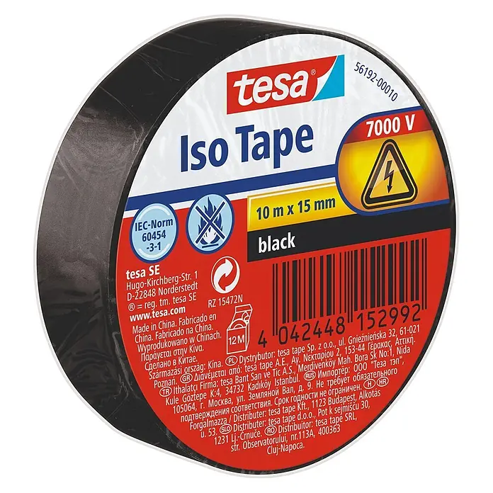Tesa Isolierband Iso Tape - Schwarz, 10 m x 15 mm - Schwarzes tesa Iso Tape, 10 m x 15 mm, ausgelegt für 7000 V elektrische Isolierung.