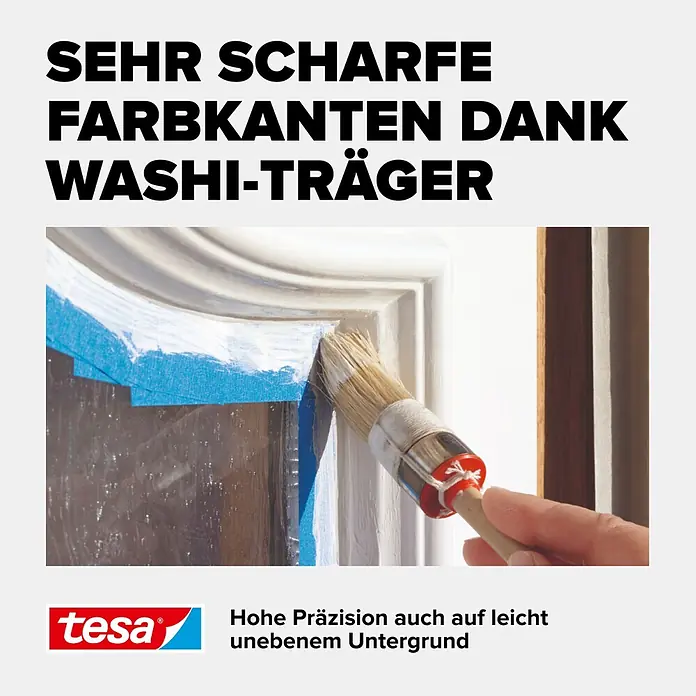 Tesa Malerband Außen - L x B: 25 m x 38 mm - Tesa Abdeckband für scharfe Farbkanten an einem Türrahmen. Hohe Präzision auch auf unebenem Untergrund.