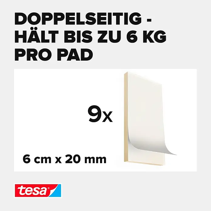 Tesa Powerbond Montagepads Ultra Strong - 9 Stk. - 9 weiße tesa doppelseitige Klebepads, 6x20mm, halten bis zu 6 kg pro Pad.