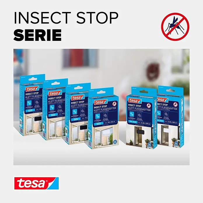 Tesa Insect Stop Insektenschutzfenster Klett - B x H: 130 x 150 cm, Montage Insektengitter: Ankletten, Farbe Netz: Weiß - Mehrere blaue tesa Insect Stop Klett Fliegengitter Packungen für Fenster und Türen, zum Schutz vor Insekten.