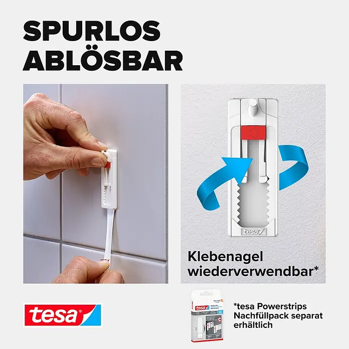Tesa Verstellbarer Klebenagel - Geeignet für: Fliesen, Belastbarkeit: 3 kg, 2 Stk., Weiß - Informationsansicht