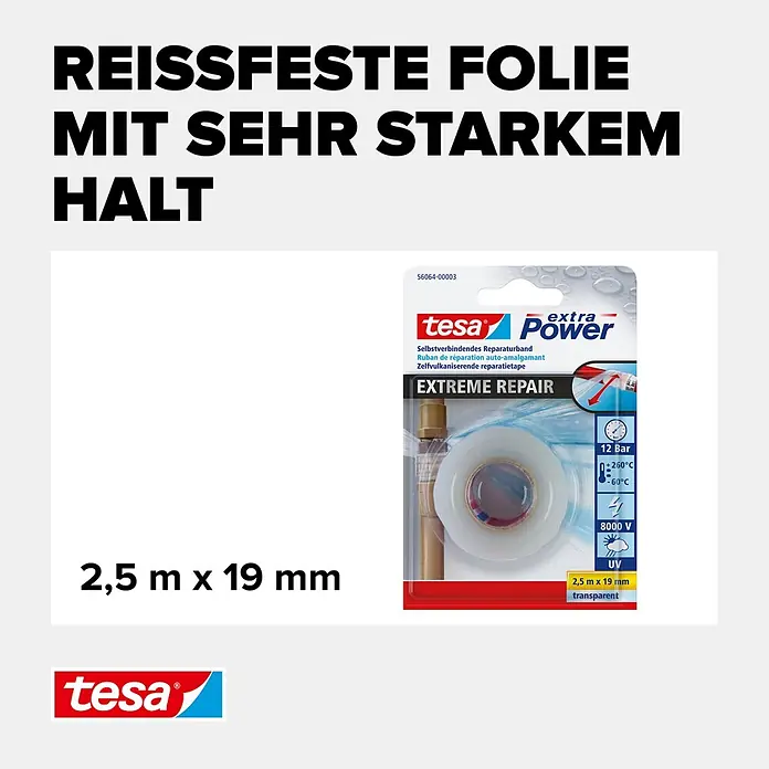 Tesa Extra Power Reparaturband Extreme Repair - 2,5 m x 19 mm, Transparent, Selbstverschweißend - Informationsansicht