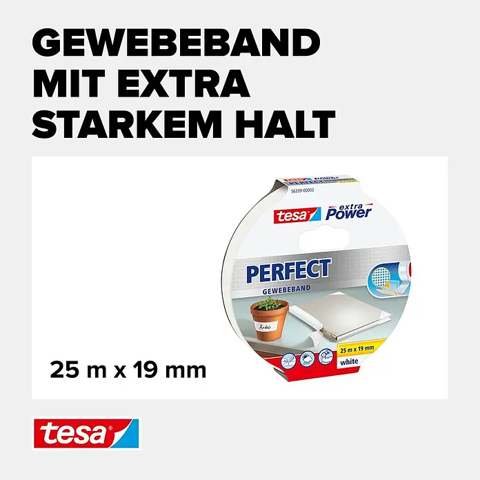 Tesa Extra Power Gewebeband PERFECT - Weiß, 25 m x 19 mm - Informationsansicht