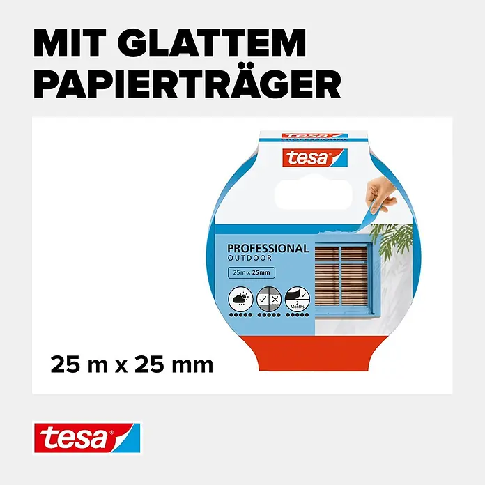 Tesa Malerband Außen - L x B: 25 m x 25 mm - Tesa PROFESSIONAL OUTDOOR Abdeckband mit glattem Papierträger, 25m x 25mm, auf blau-weißer Verpackung.