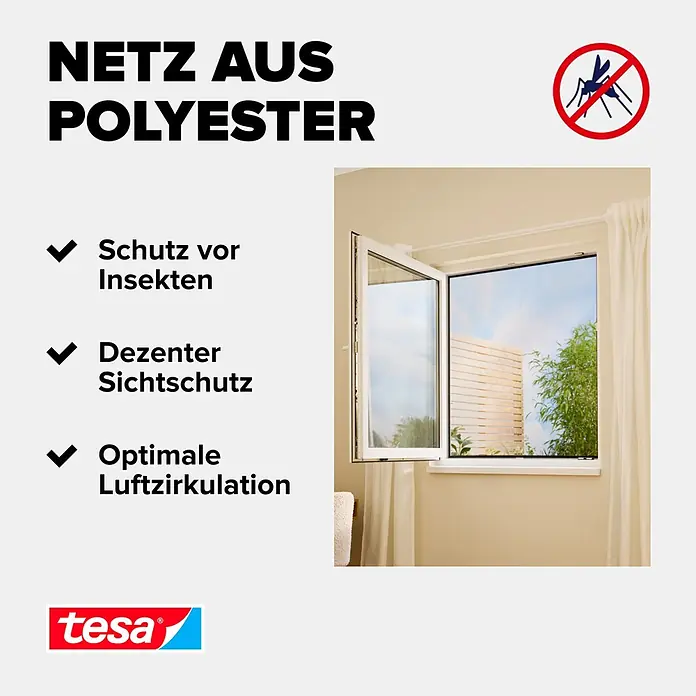 Tesa Insect Stop Insektenschutzfenster Klett - B x H: 130 x 150 cm, Montage Insektengitter: Ankletten, Farbe Netz: Weiß - Polyester-Netz für Fenster, bietet Insektenschutz, dezenten Sichtschutz und optimale Luftzirkulation.