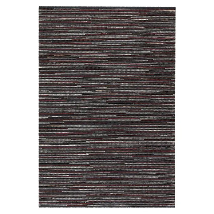 Kayoom Lederteppich Wild 8023 - Anthrazit, 180 x 120 cm, 50 % Leder, 44 % Wolle, 6 % Polyester - Gewebter Teppich mit unregelmäßigen Horizontalstreifen in Dunkelgrau, Hellgrau und Rot.