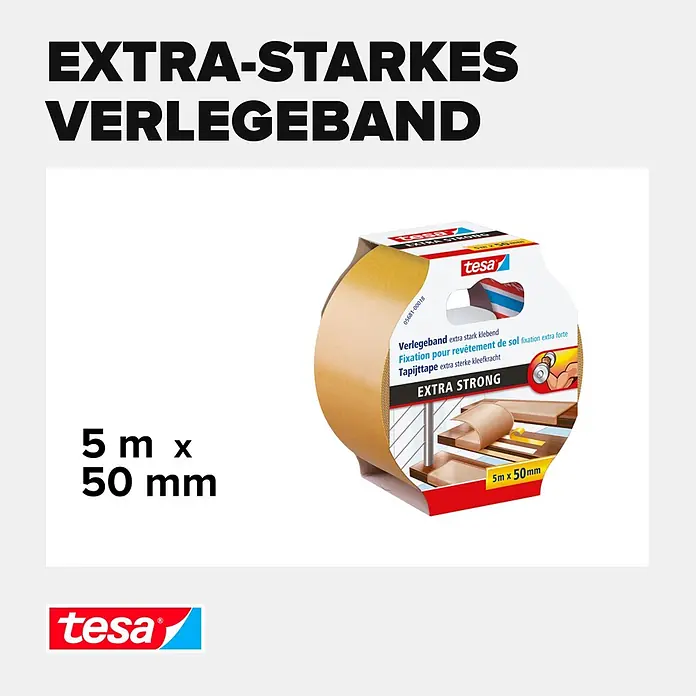 Tesa Verlegeband - 5 m x 50 mm, Beidseitig selbstklebend, Geeignet für: Fußbodenheizung - Informationsansicht