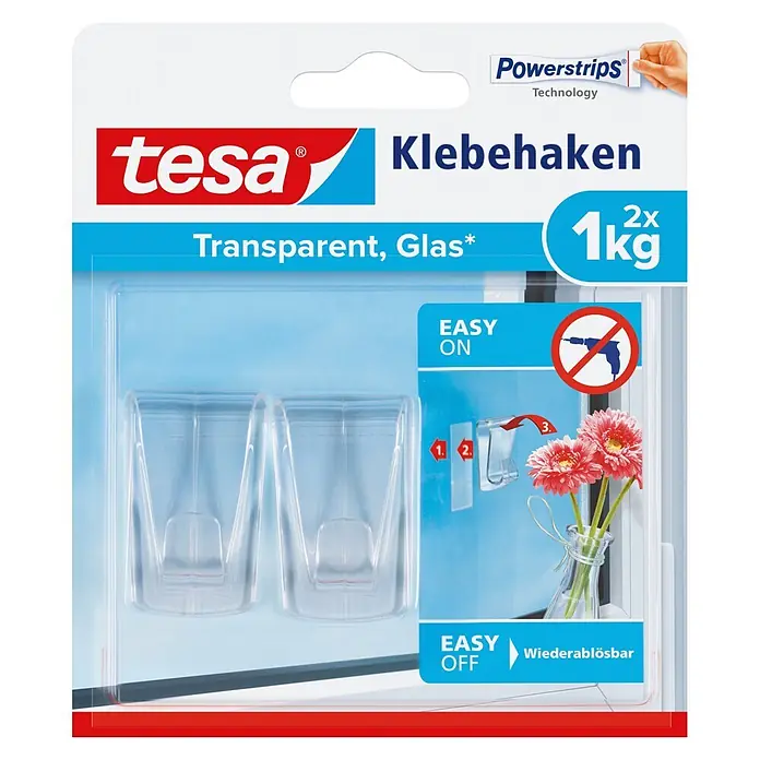 Tesa Klebehaken - Geeignet für: Glas, Belastbarkeit: 1 kg, 2 Stk., Transparent - Vorderansicht