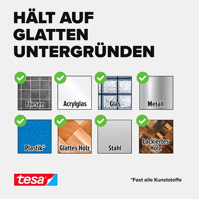 Tesa Montageband - Geeignet für: Fliesen, Belastbarkeit pro m: 100 kg, 1,5 m x 19 mm - Informationsansicht