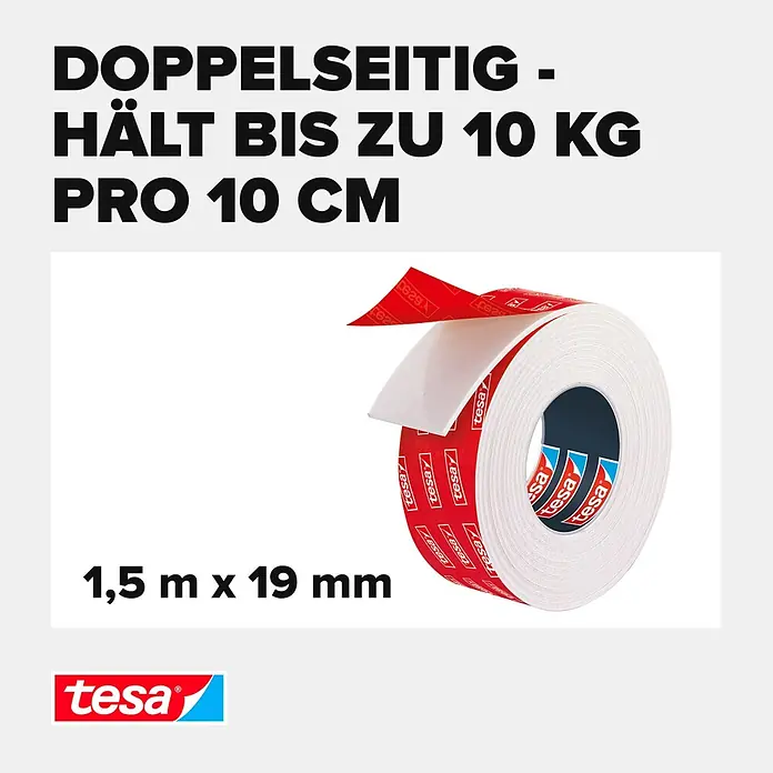 Tesa Montageband - Geeignet für: Fliesen, Belastbarkeit pro m: 100 kg, 1,5 m x 19 mm - Informationsansicht