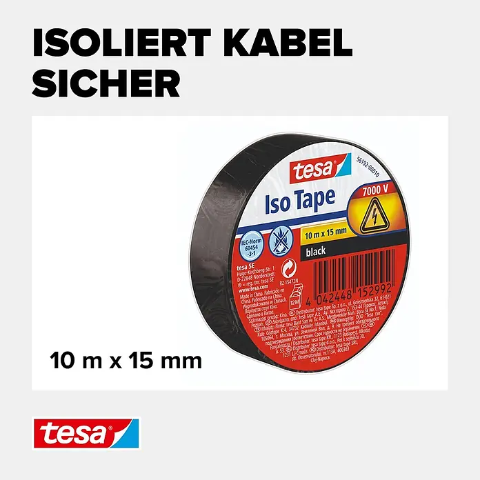 Tesa Isolierband Iso Tape - Schwarz, 10 m x 15 mm - Schwarzes tesa Iso Tape, 10m x 15mm, für elektrische Isolierung.