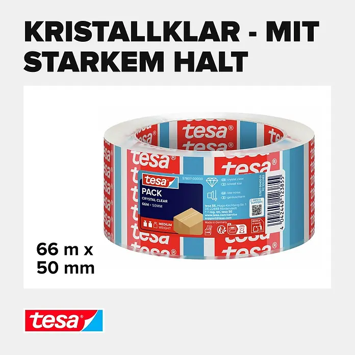 Tesa Pack Paketklebeband crystal clear - Transparent, L x B: 66 m x 50 mm - tesa Kristallklar Packbandrolle, 66m x 50mm, mit starkem Halt.