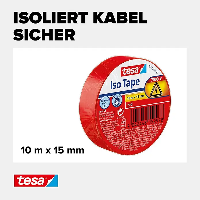 Tesa Isolierband Iso Tape - Rot, 10 m x 15 mm - Informationsansicht
