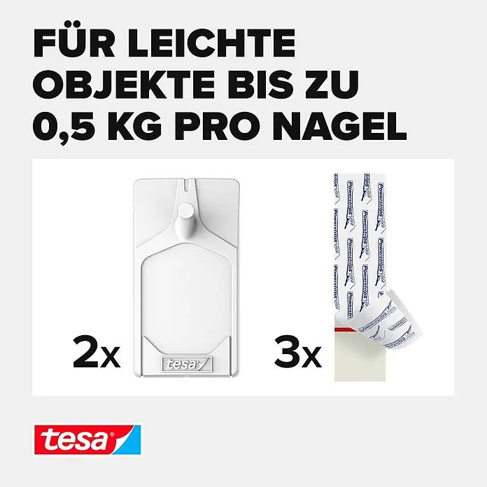 Tesa Klebenagel - Geeignet für: Tapeten, Belastbarkeit: 0,5 kg, 2 Stk., Weiß - Informationsansicht