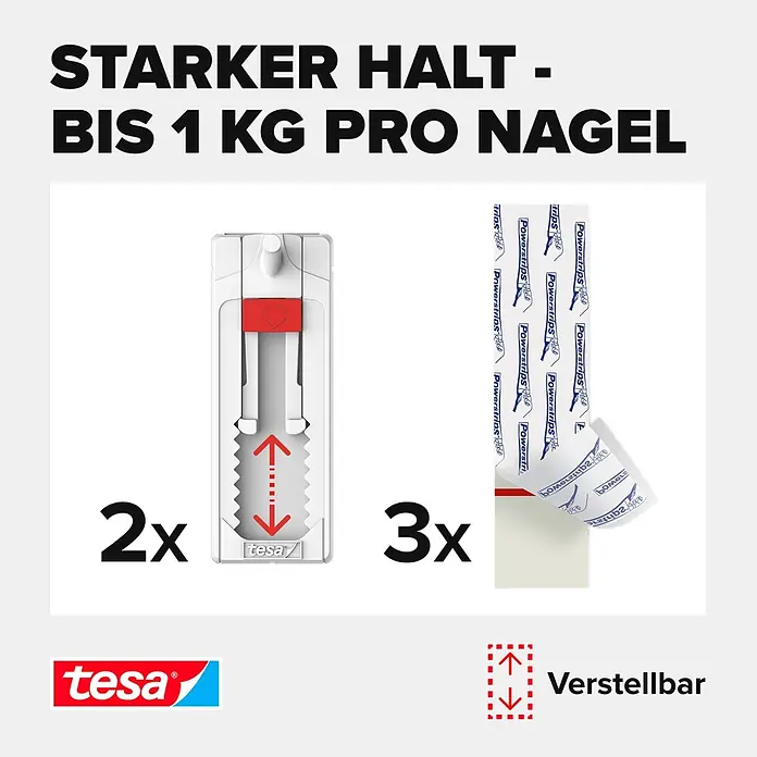 Tesa Verstellbarer Klebenagel - Geeignet für: Tapeten, Belastbarkeit: 1 kg, 2 Stk., Weiß - Informationsansicht