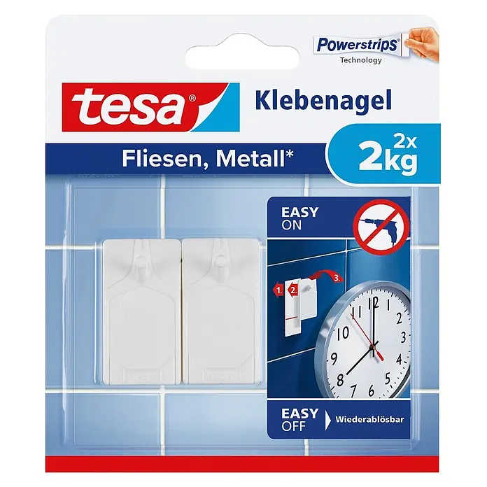 Tesa Klebenagel - Geeignet für: Fliesen, Belastbarkeit: 2 kg, 2 Stk., Weiß - Vorderansicht