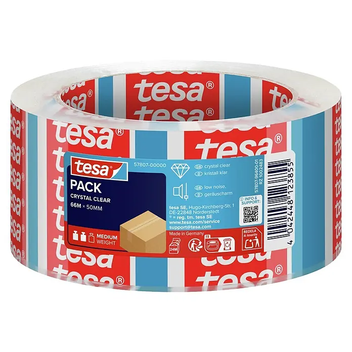 Tesa Pack Paketklebeband crystal clear - Transparent, L x B: 66 m x 50 mm - Eine Rolle tesa kristallklares Packband mit rotem und blauem Branding.