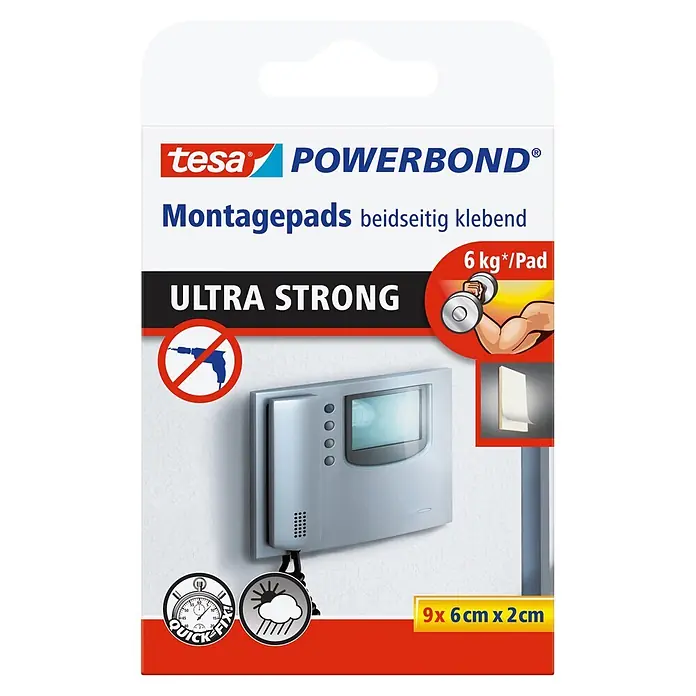 Tesa Powerbond Montagepads Ultra Strong - 9 Stk. - Packung tesa POWERBOND Ultra Strong doppelseitige Montagepads, 9x 6x2cm, bohrfrei montierbar, Tragkraft bis 6kg/Pad.