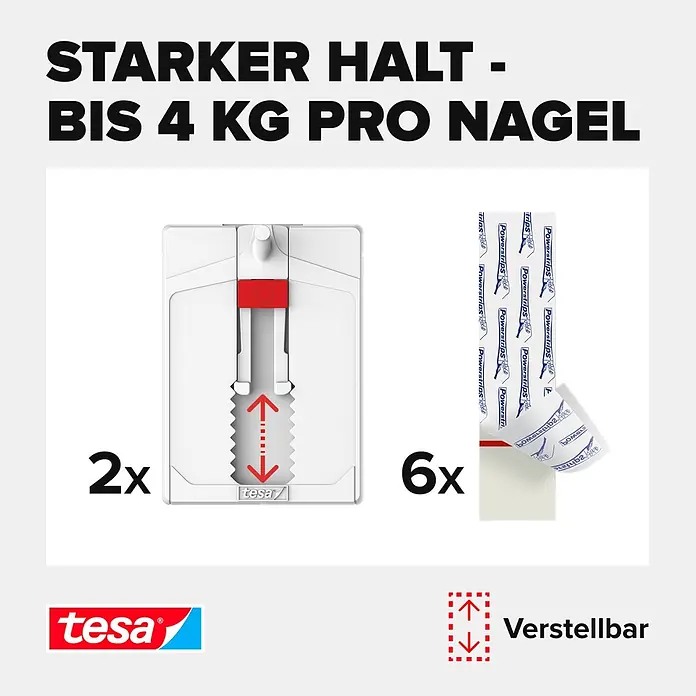Tesa Verstellbarer Klebenagel - Geeignet für: Fliesen, Belastbarkeit: 4 kg, 2 Stk., Weiß - Informationsansicht