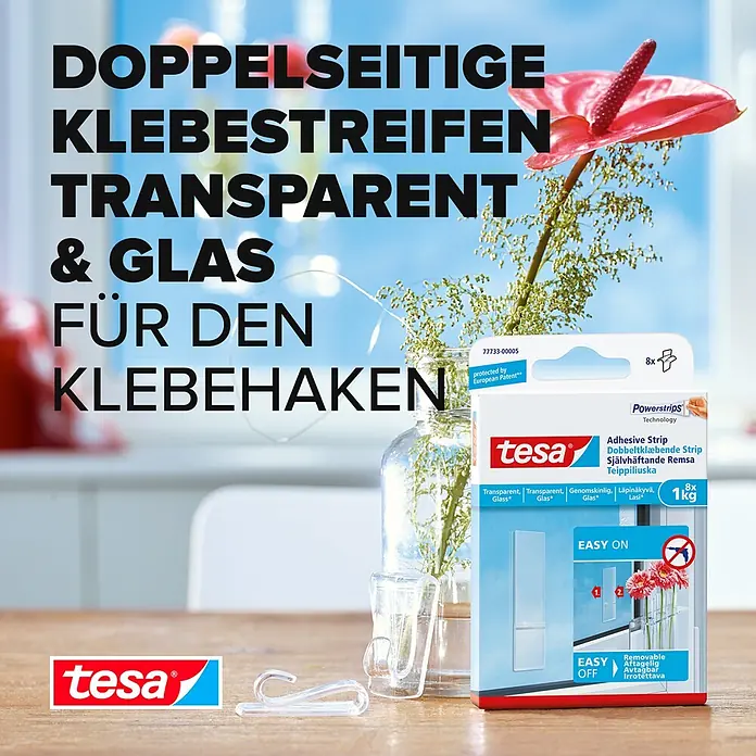 Tesa Klebestreifen - Geeignet für: Glas, Belastbarkeit: 1 kg, 8 Stk., Transparent - Informationsansicht