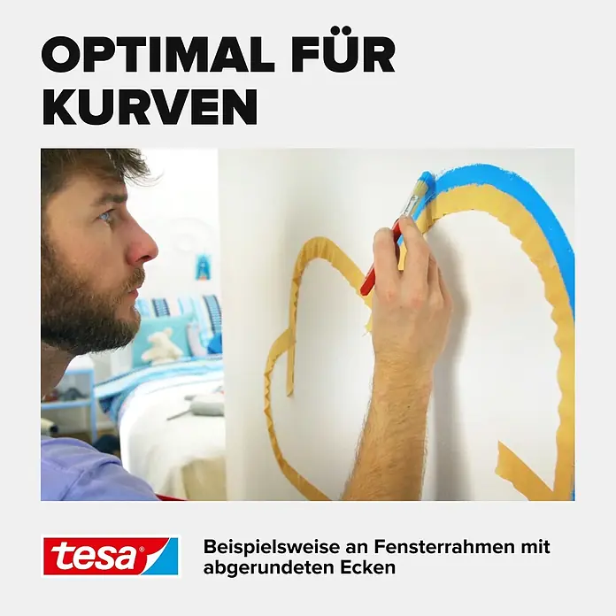 Tesa Malerband für Rundungen - 25 m x 25 mm - Flexibles Abdeckband zum Malen scharfer Kurven und abgerundeter Kanten an Wänden.